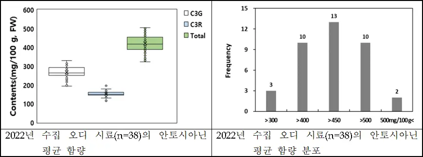 2022년 수집 오디 사료의 안토시아닌 평균 함량 2022년 수집 오디 사료의 안토시아닌 평균 함량